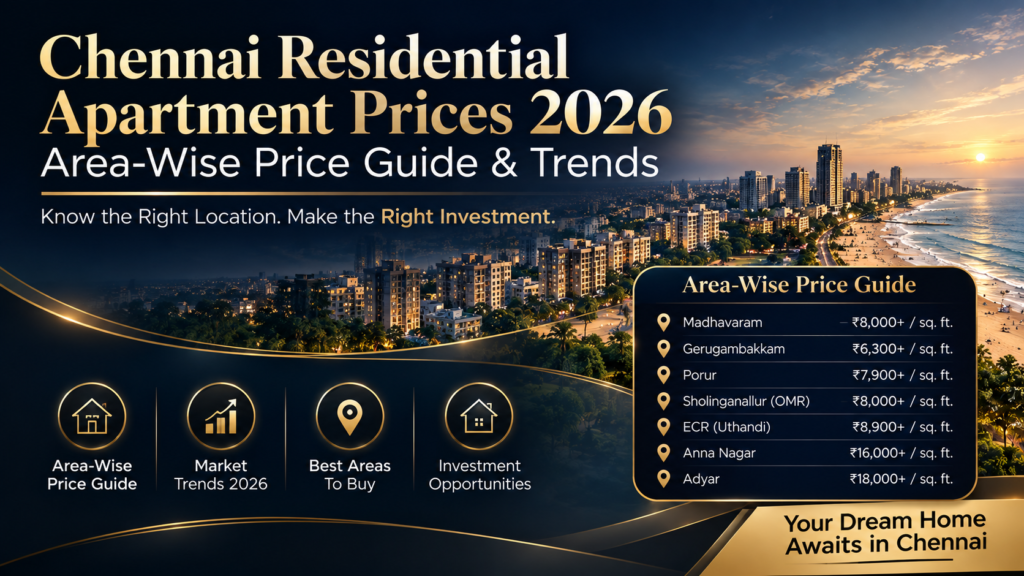 Chennai residential apartment prices 2026, Chennai property prices 2026, apartment price in Chennai, Chennai property rates, Chennai flat price per sq ft, residential property in Chennai, Chennai real estate market 2026, best areas to buy flats in Chennai, Chennai property price trends, 2 BHK flats in Chennai, 3 BHK flats in Chennai, property investment in Chennai, apartments in Chennai, flats in gerugambakkam, flats in madhavaram, flats in ecr, flats near porur